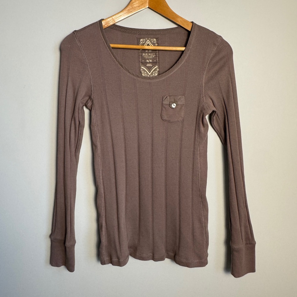 Old Navy Women's Ribbed Long Sleeve Pocket‎ Shirt Brown Medium Bodycon Preppy
